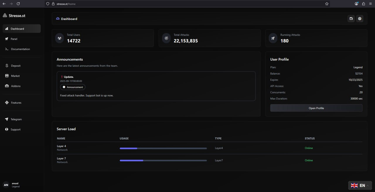 stresse.is IP Stresser dashboard with real-time metrics